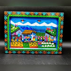 Vintage Hand Painted Tigua Painting on Sheepskin, Unique Ecuador Folk Art